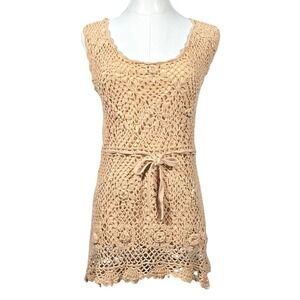 Studio 1940 Womens Tan Crochet Tank Top Floral Sleeveless Tie Waist Large Hippie